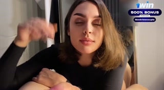 Cheerleader with a sexy face gives a blowjob and gets cum in her mouth