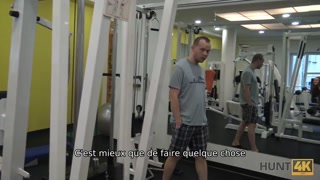 HUNT4K. In an empty gym hunter pays money for an eager cuckold and impales his girlfriend