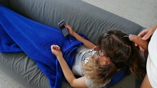 Pee and cum on hair while she is on sofa