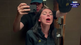 Risky public sex in the toilet. Fucked a McDonald's worker because of spilled soda! - Eva Soda