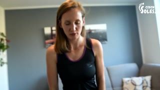 Sporty girl's sweaty feet and nice socks tease (interview, sweaty feet, gym socks, pov foot worship)