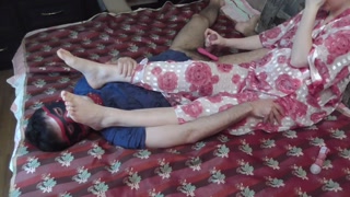 Femdom Handjob. Her feet on my face