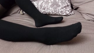 Foot fetish sexy Girl show feet foot in tights pantyhose nylon black knee socks