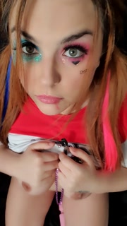 Harley Quinn cosplay gagged drooling saliva nipple clamps