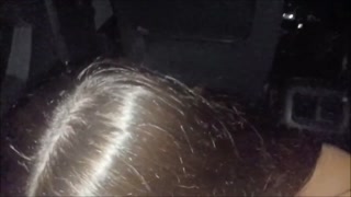Schoolgirl sucks cock in car in public, risky blowjob and shows her tits risky, legal age, teen