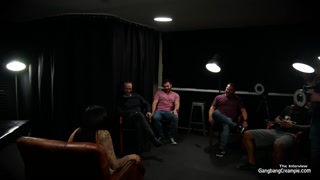 Sexy busty latina fucks 5 guys and eats cum