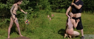 Piss Ballet -- Kinky submissive dances between 2 face fucking doms while showered in piss