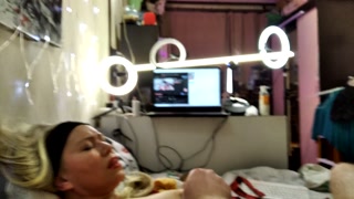 Luxurious mature busty blonde with a big dick in her cunt closeup shaking in orgasm!