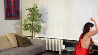 Waiting: Jeny Smith teasing a man bottomless. Flashing tits and pussy with mini skirt