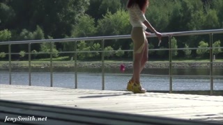 All women need that skirt. Jeny Smith flashing pussy and tits to the strangers.