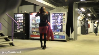 Red Tights. Jeny Smith public walking in tight red pantyhose (no panties)