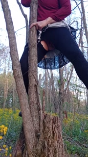 Lady P pissing on a tree stump pov with a pussy full of cum
