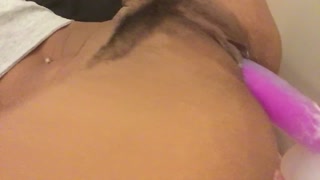 Ebony Teen Records Herself Fucking Hairy Pussy with Dildo