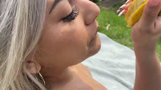 Squirting a huge cucumber on a picnic day!  Naty delgado