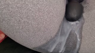 Vibrator orgasm in leggings after HUGE creampie